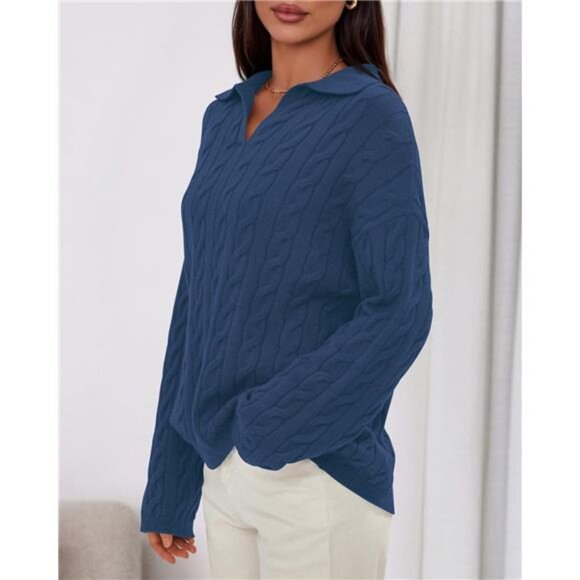 Oversized V-Neck Cable Knit Sweater | Cozy Long Sleeve Pullover Fall & Winter - Picture 4 of 6